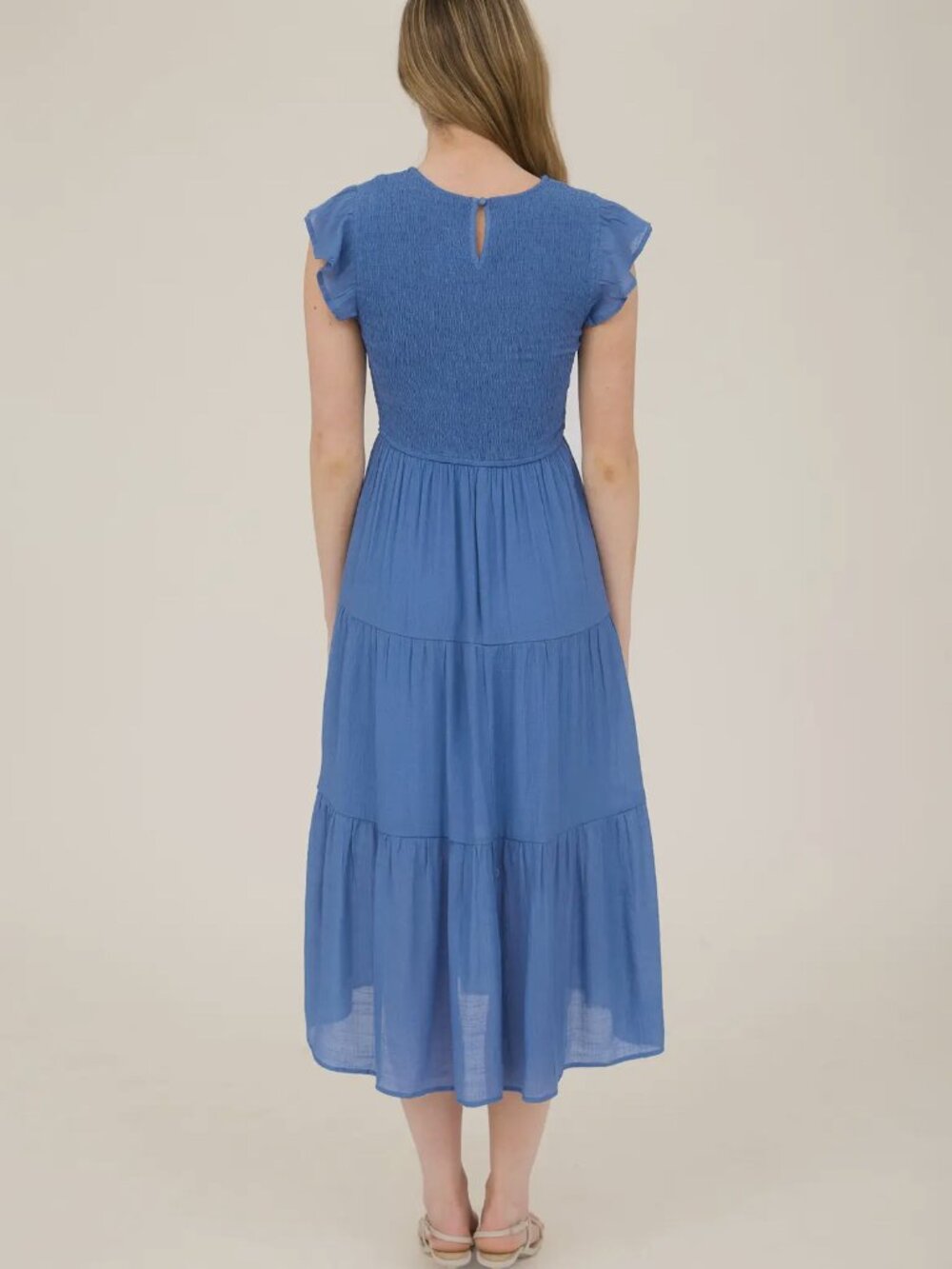 Blue  Pepper Dusty Blue Smocked Tiered Midi Tiered Dress - Picture 3 of 4